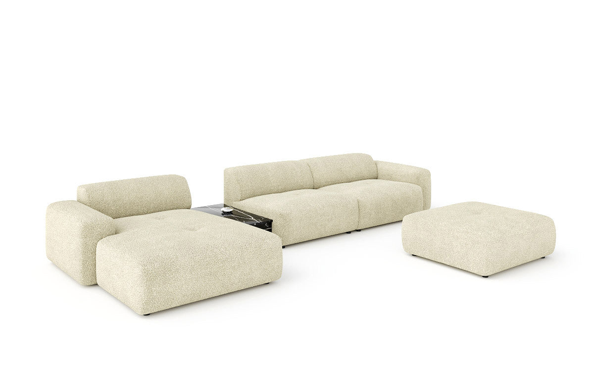 Designer Sofa Calm L with Side Ottoman and Side Table in Bouclé