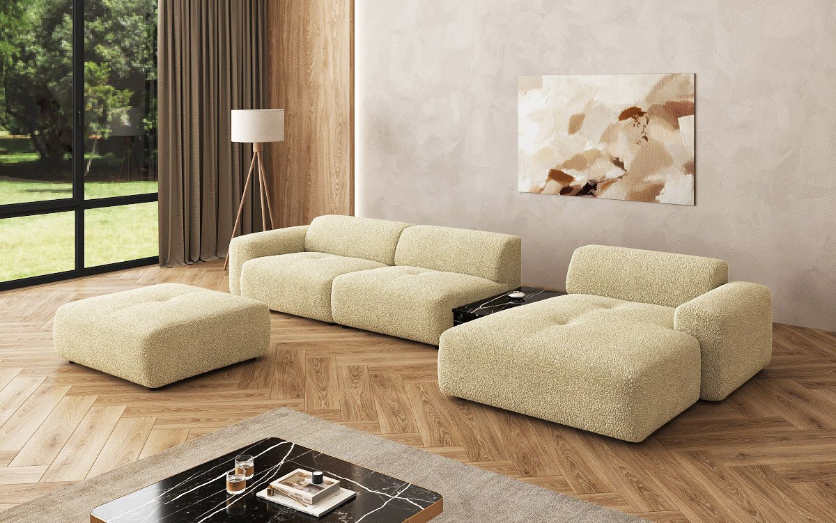 Designer Sofa Calm L with Side Ottoman and Side Table in Bouclé