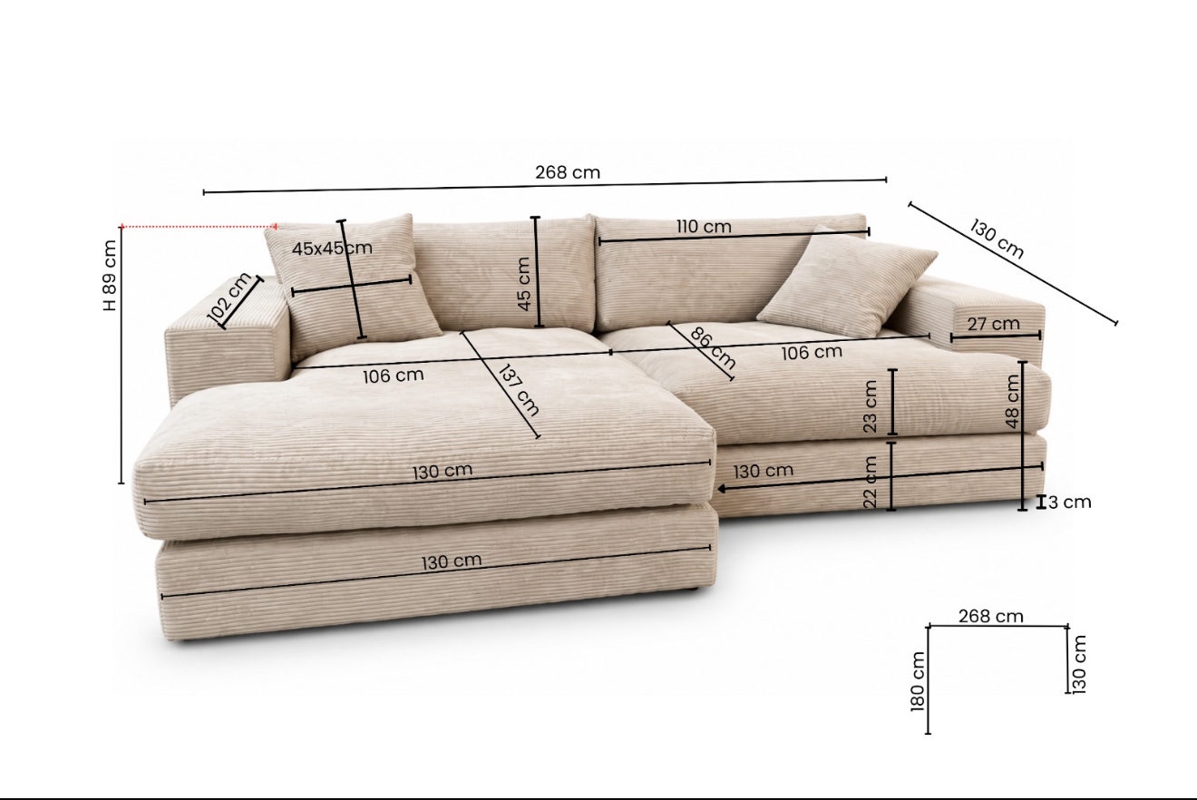 Designer corner sofa Lima in Corduroy