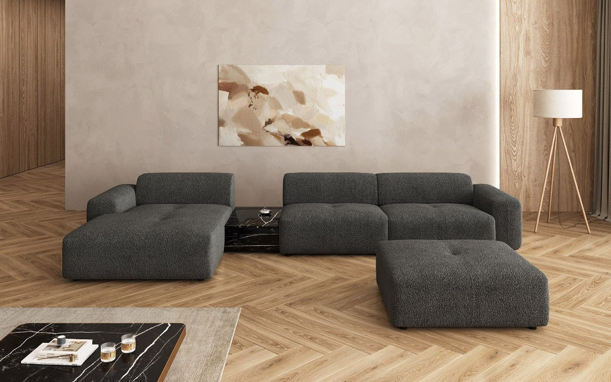 Designer Sofa Calm L with Side Ottoman and Side Table in Bouclé