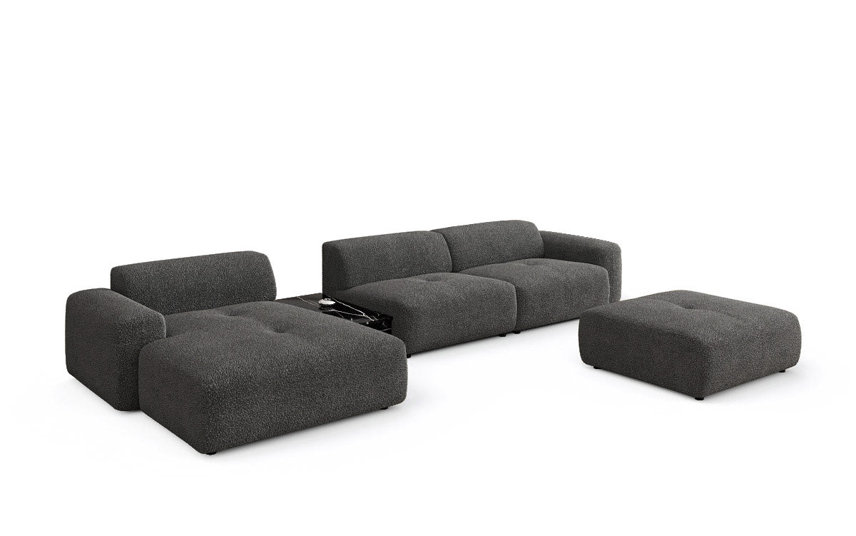 Designer Sofa Calm L with Side Ottoman and Side Table in Bouclé