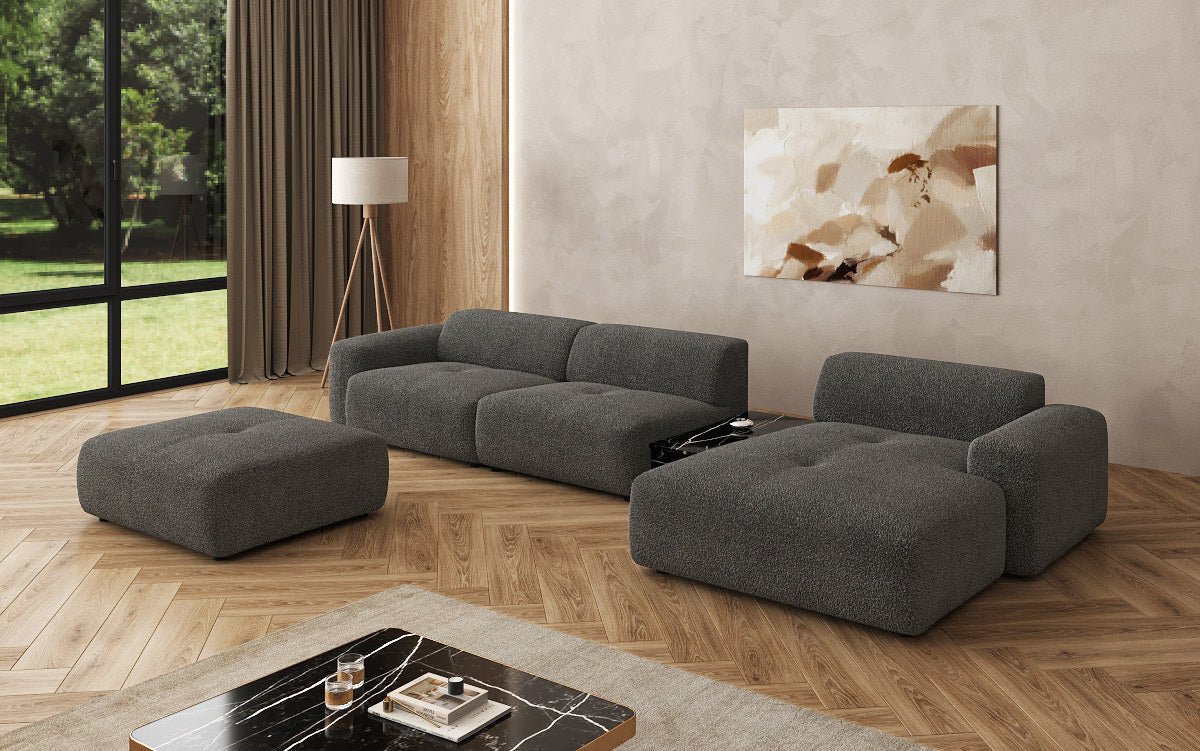 Designer Sofa Calm L with Side Ottoman and Side Table in Bouclé