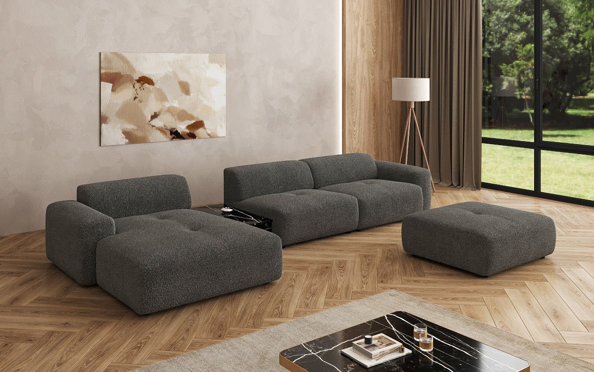 Designer Sofa Calm L with Side Ottoman and Side Table in Bouclé