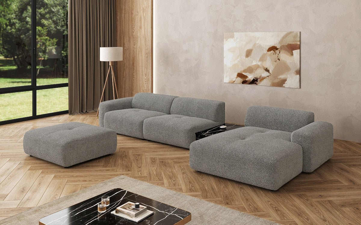 Designer Sofa Calm L with Side Ottoman and Side Table in Bouclé