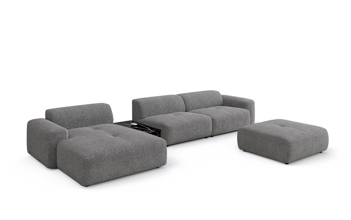 Designer Sofa Calm L with Side Ottoman and Side Table in Bouclé