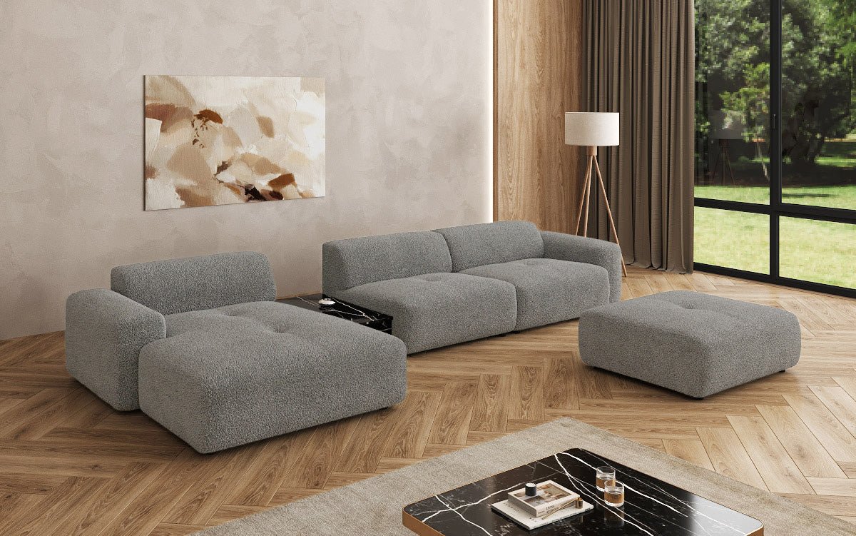 Designer Sofa Calm L with Side Ottoman and Side Table in Bouclé
