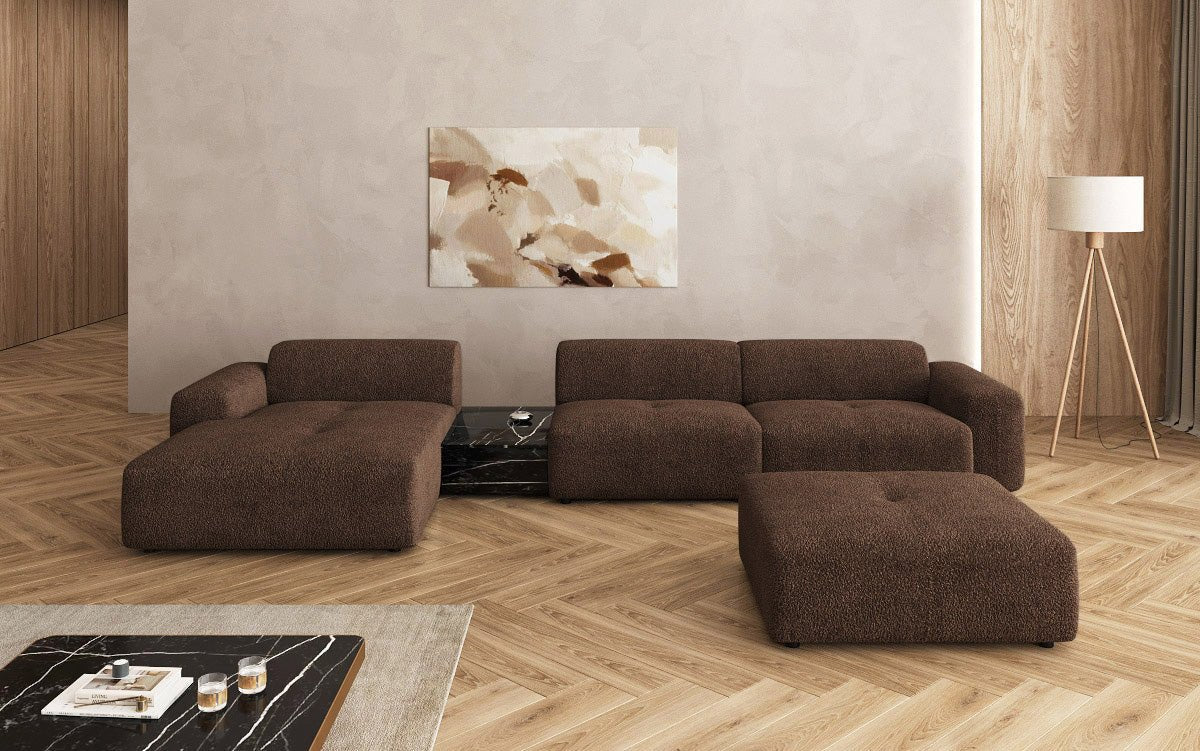 Designer Sofa Calm L with Side Ottoman and Side Table in Bouclé