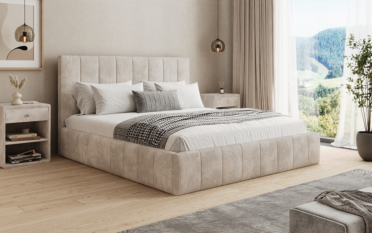 Designer upholstered bed Maja in Corduroy with storage