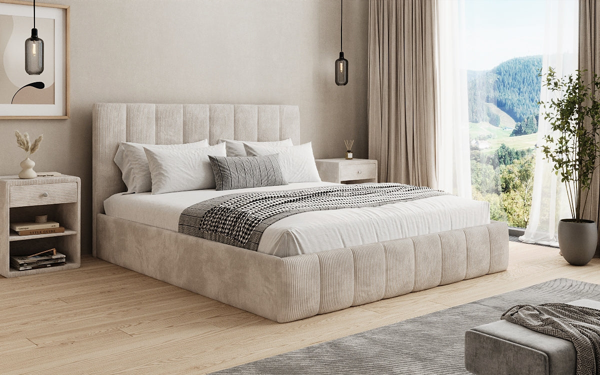 Designer upholstered bed Mila in Corduroy with storage