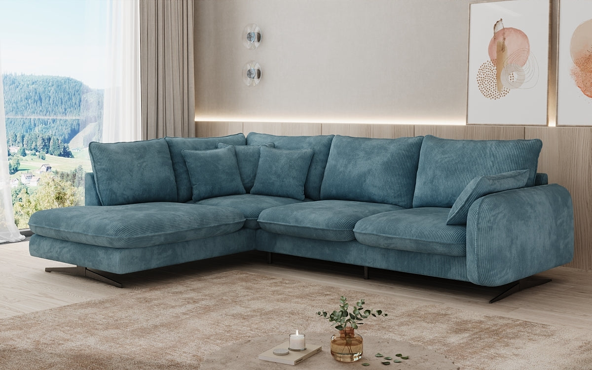 Designer corner sofa Laguna with metal feet in Corduroy