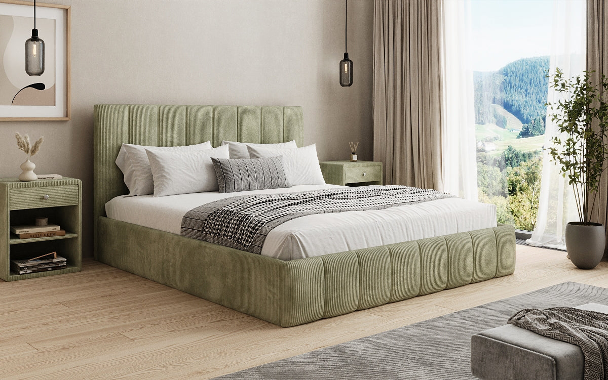 Designer upholstered bed Mila in Corduroy with storage