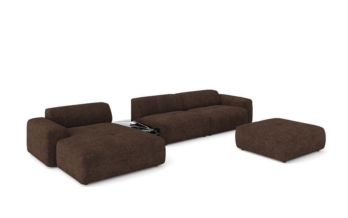 Designer Sofa Calm L with Side Ottoman and Side Table in Bouclé