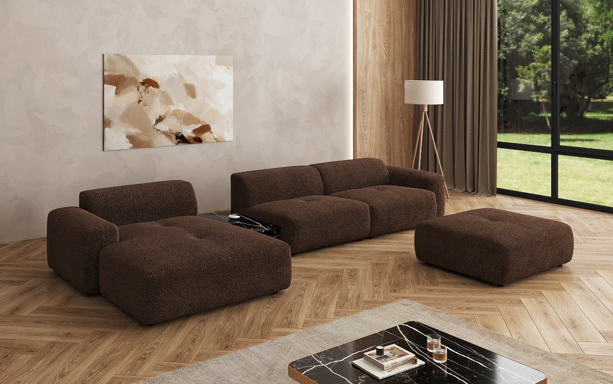 Designer Sofa Calm L with Side Ottoman and Side Table in Bouclé