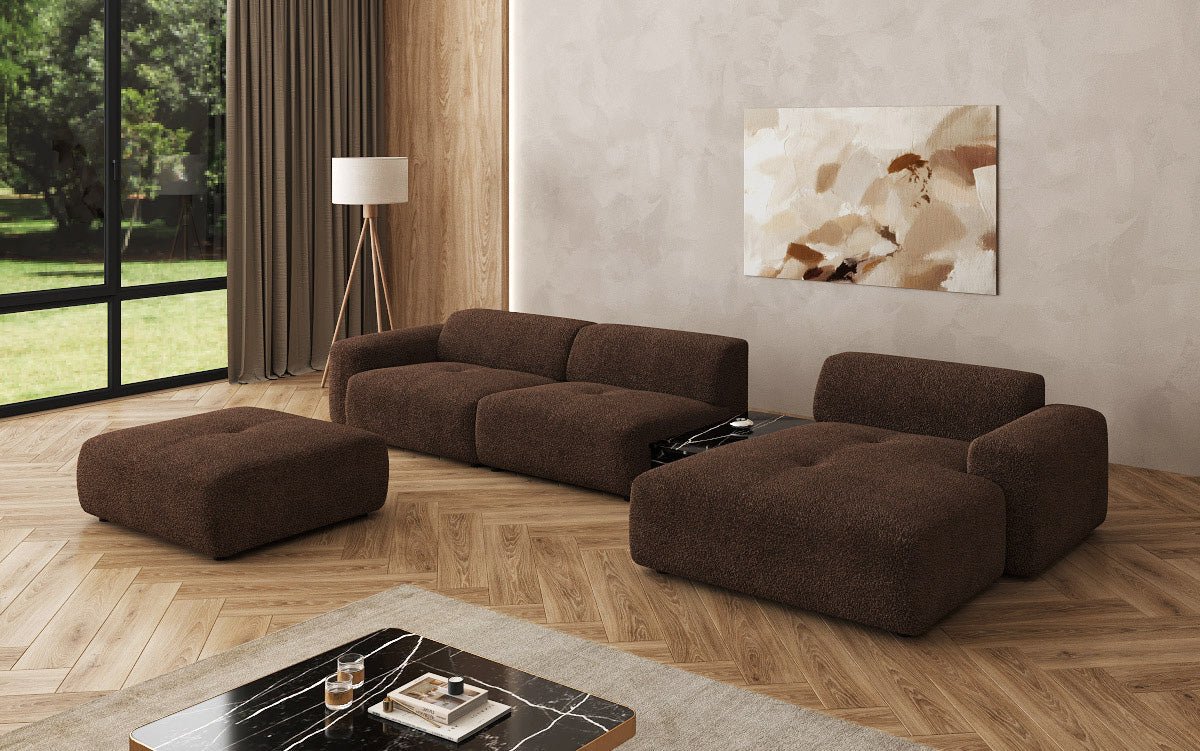 Designer Sofa Calm L with Side Ottoman and Side Table in Bouclé