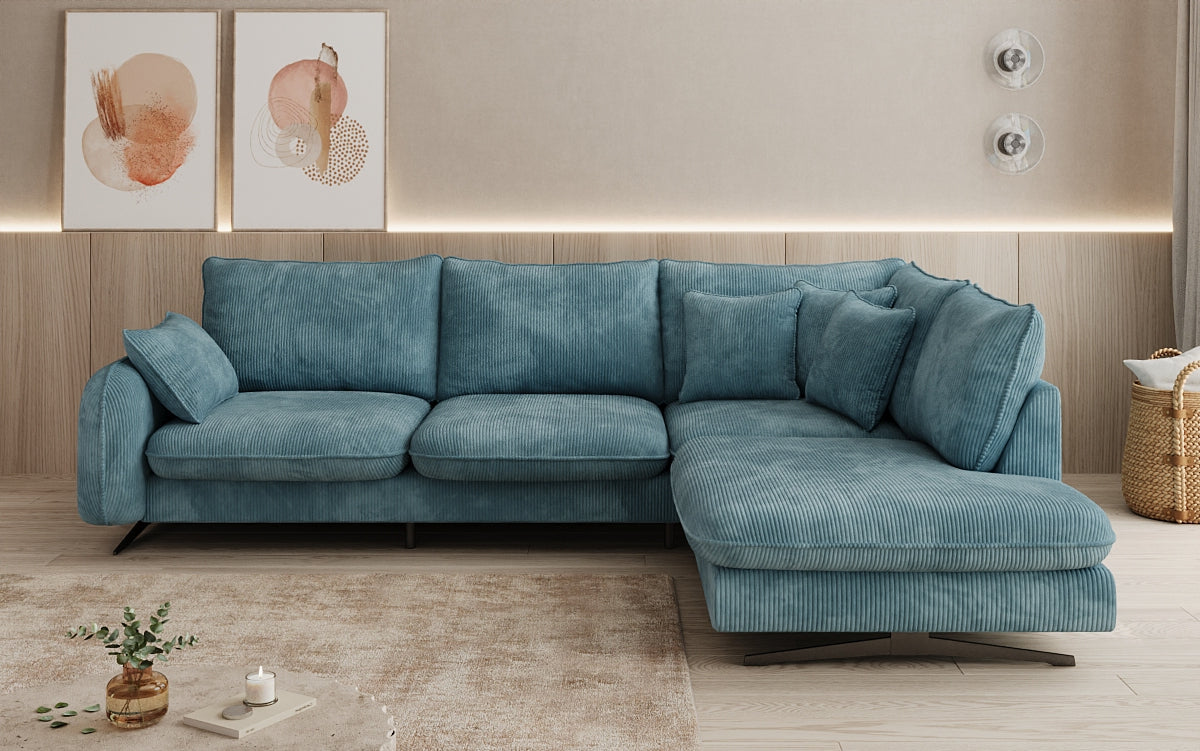 Designer corner sofa Laguna with metal feet in Corduroy