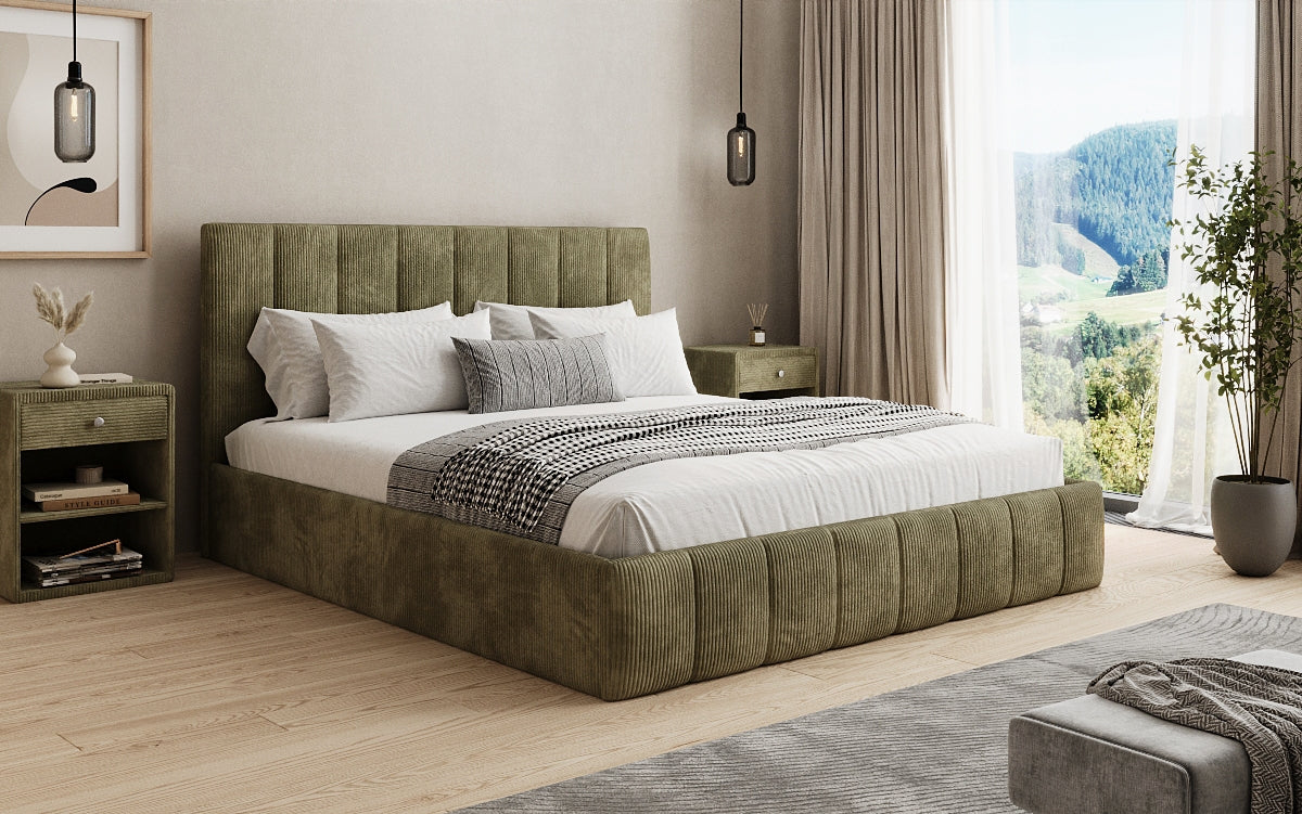 Designer upholstered bed Mila in Corduroy with storage