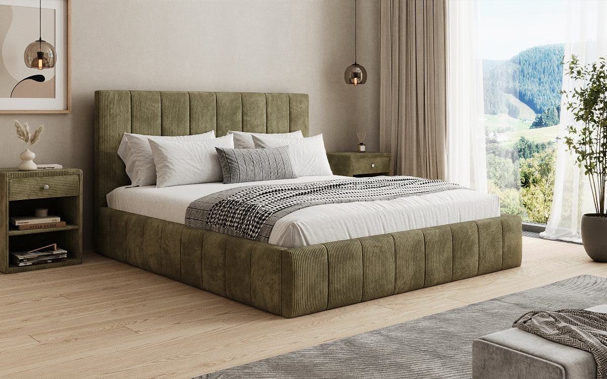 Designer upholstered bed Maja in Corduroy with storage