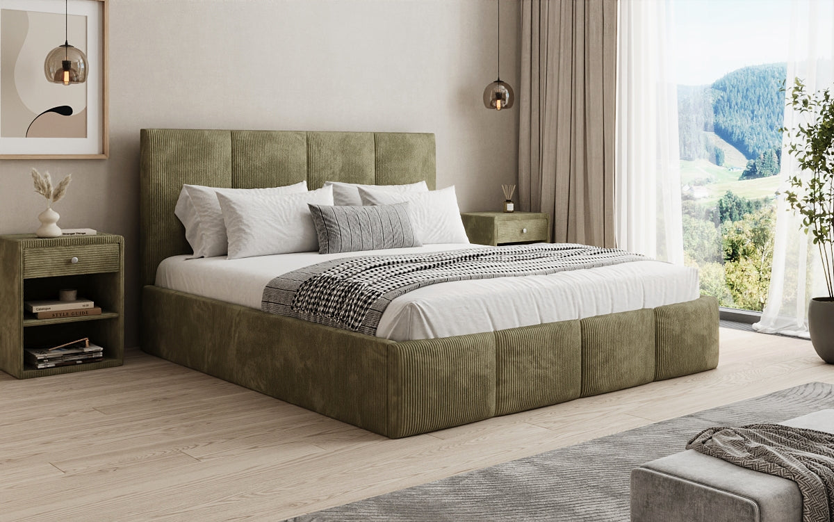 Designer upholstered bed Mina in Corduroy with storage space