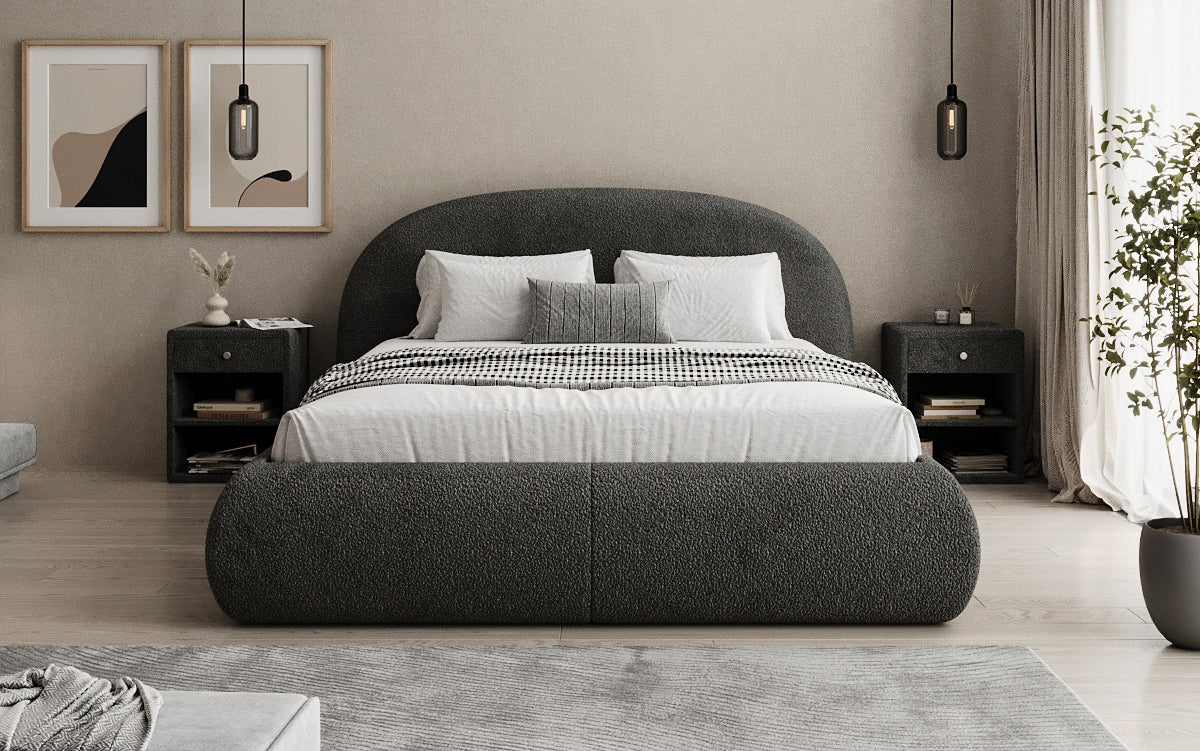 Designer upholstered bed Loop in teddy bouclé with storage space