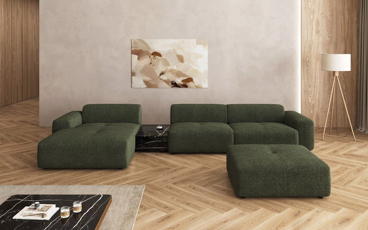 Designer Sofa Calm L with Side Ottoman and Side Table in Bouclé