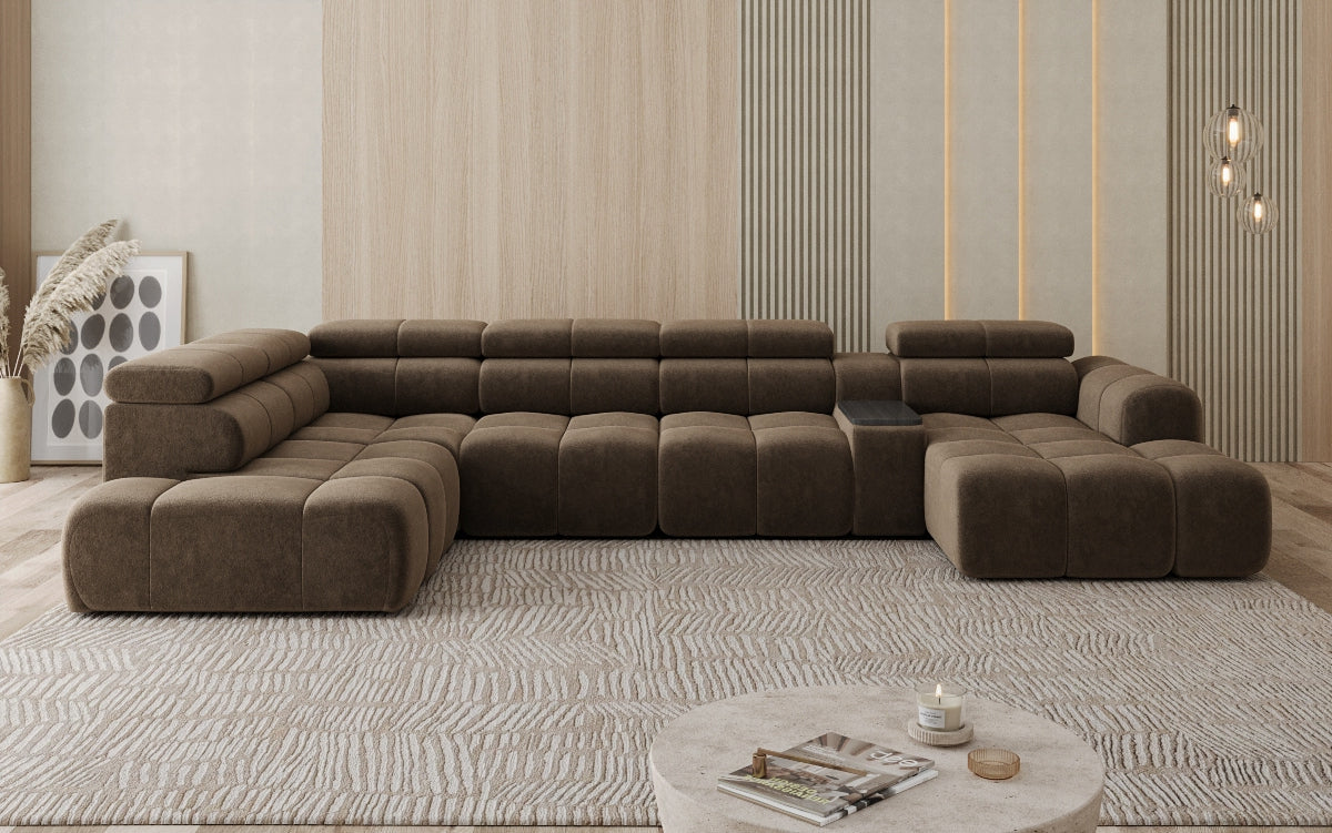 Designer Sofa Wohnlandschaft Mia mit elektrischer Sitzerweiterung in Chenille