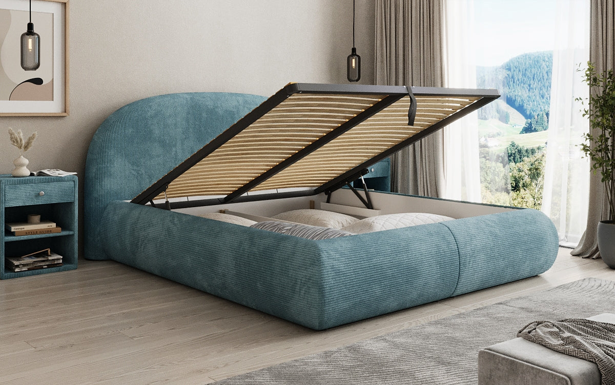 Designer upholstered bed Loop in Corduroy with storage space