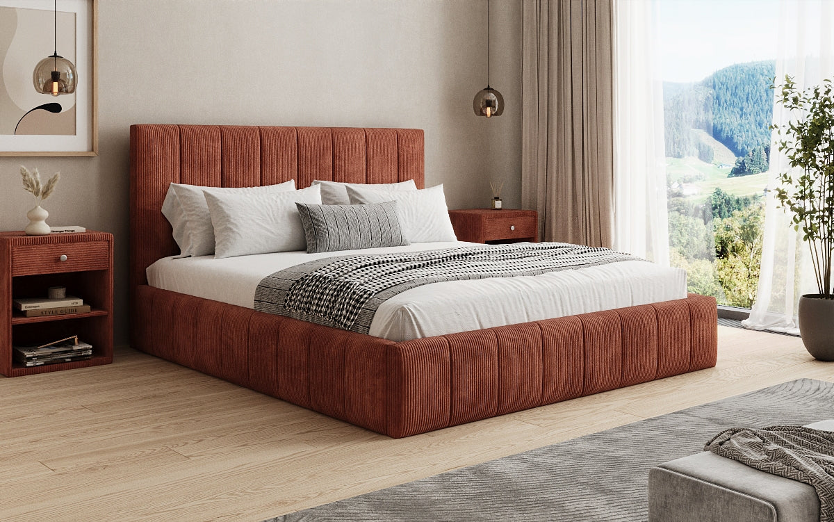 Designer upholstered bed Maja in Corduroy with storage