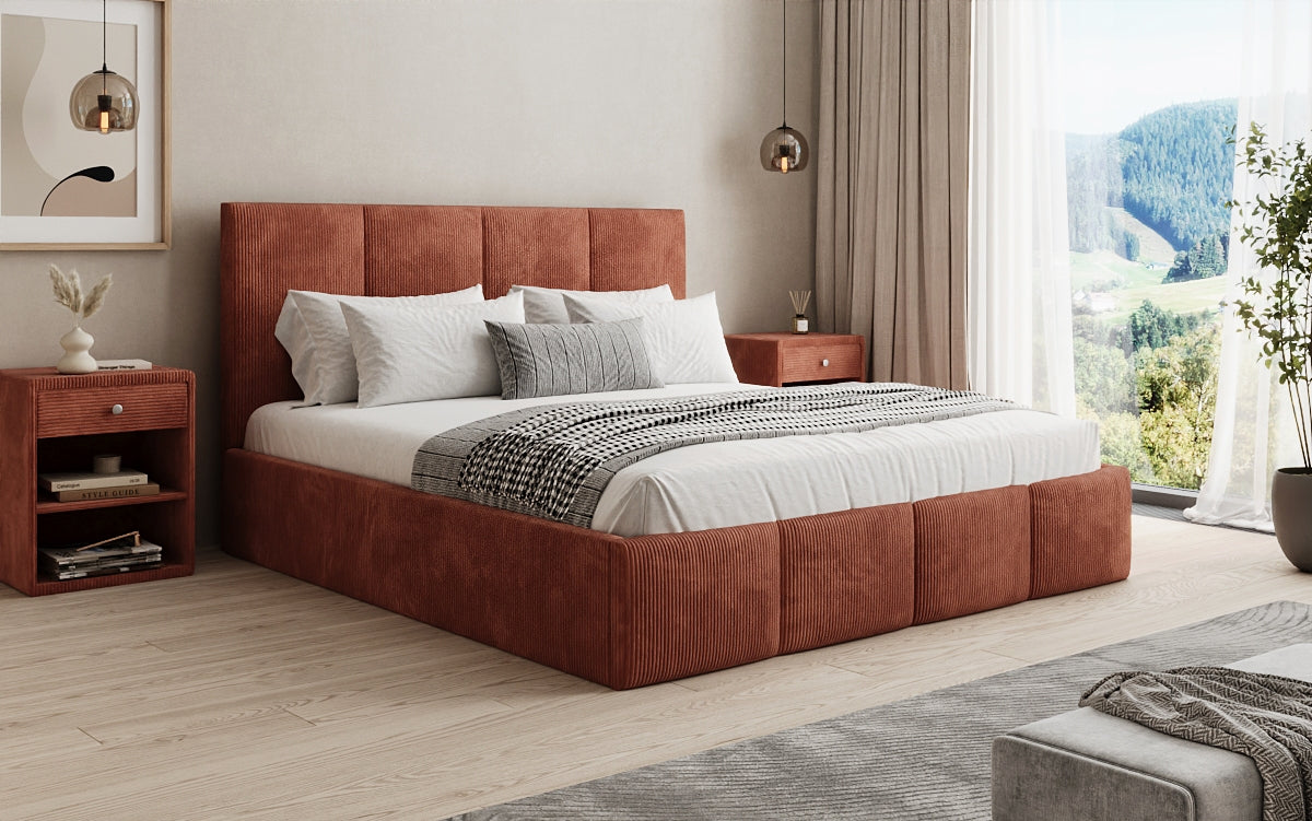 Designer upholstered bed Mina in Corduroy with storage space