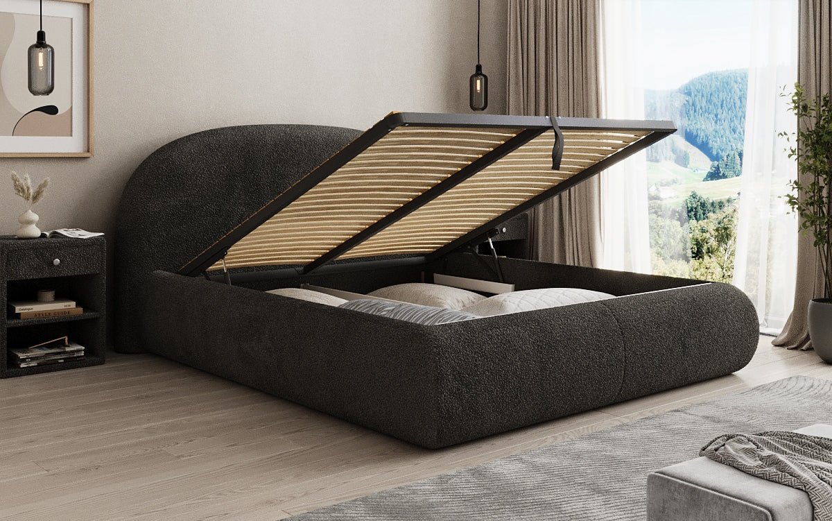 Designer upholstered bed Loop in teddy bouclé with storage space
