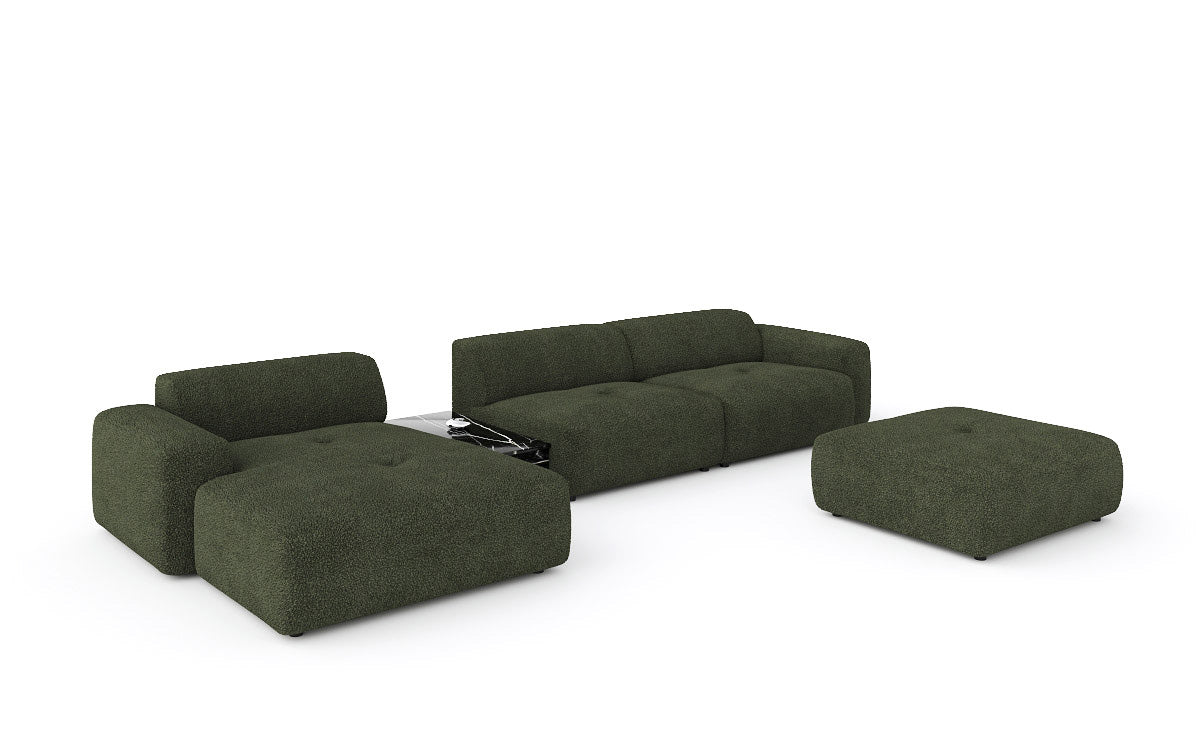 Designer Sofa Calm L with Side Ottoman and Side Table in Bouclé