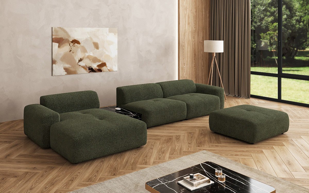 Designer Sofa Calm L with Side Ottoman and Side Table in Bouclé