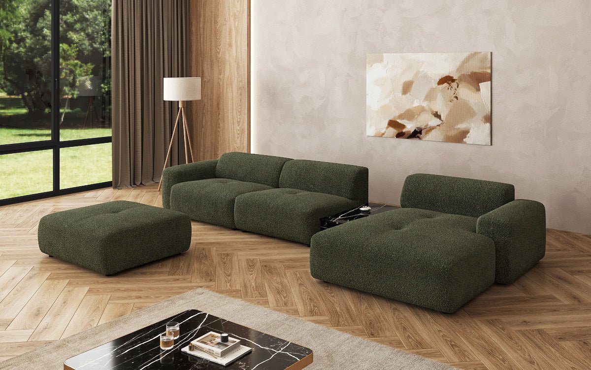 Designer Sofa Calm L with Side Ottoman and Side Table in Bouclé