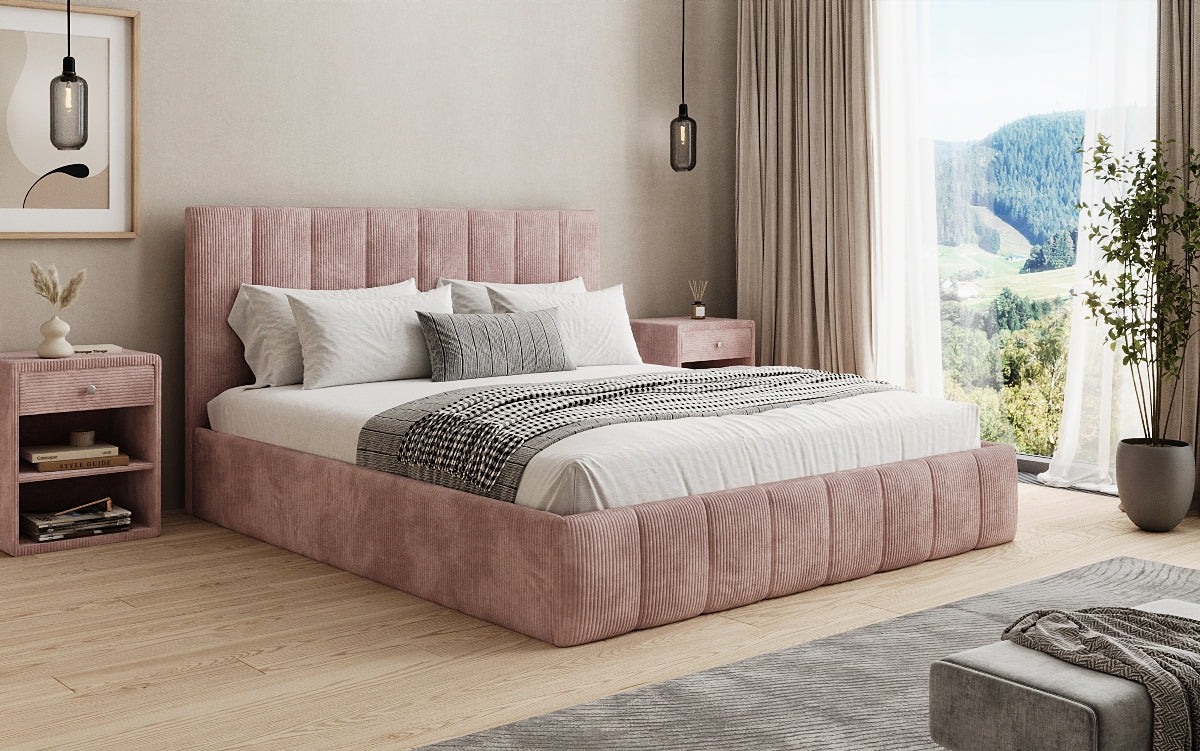 Designer upholstered bed Mila in Corduroy with storage