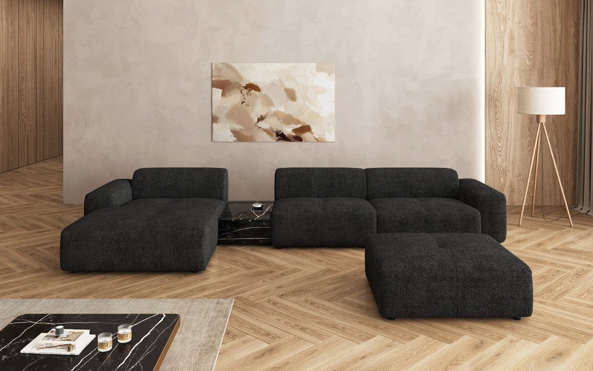 Designer Sofa Calm L with Side Ottoman and Side Table in Bouclé