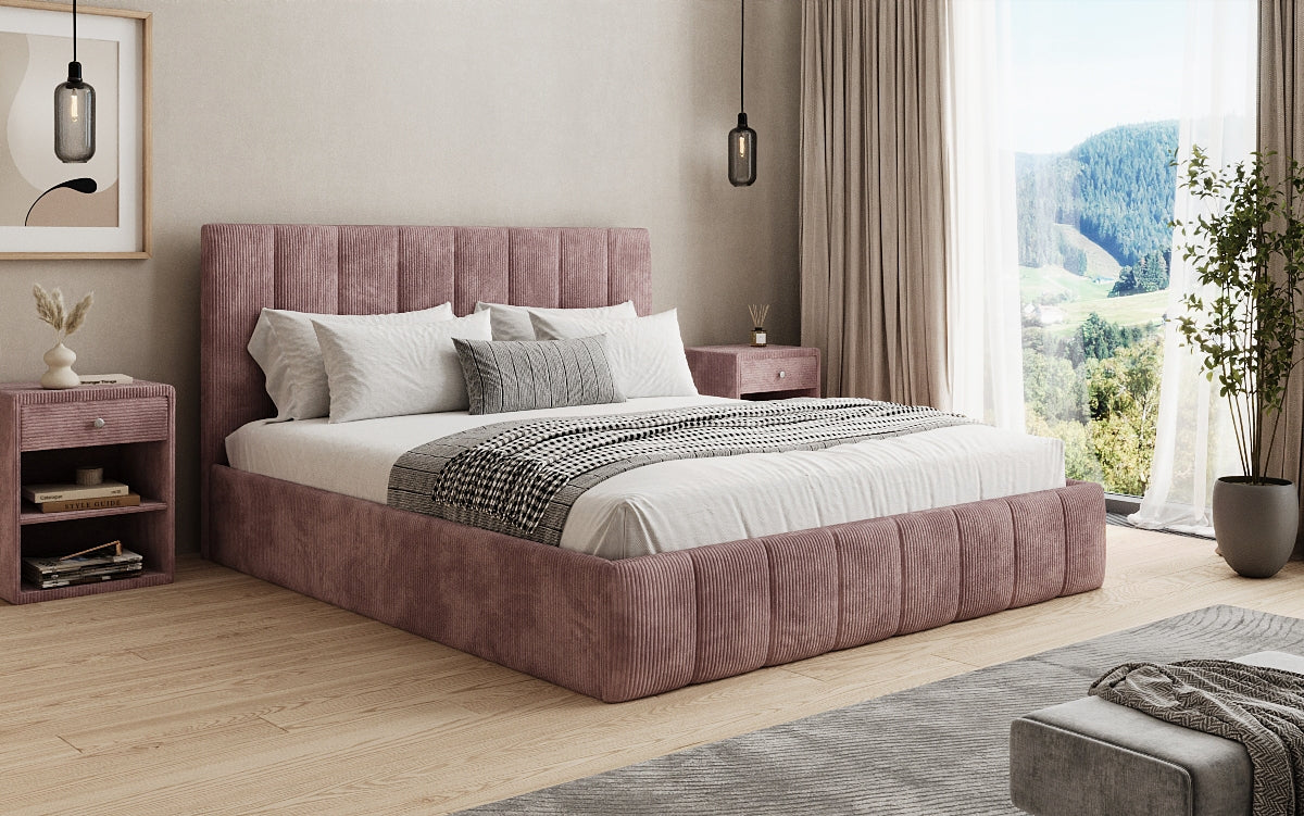 Designer upholstered bed Mila in Corduroy with storage