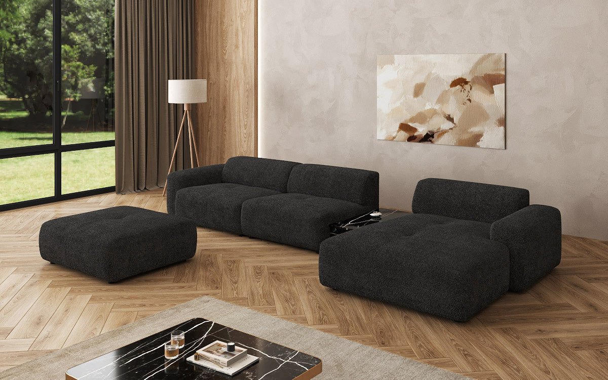 Designer Sofa Calm L with Side Ottoman and Side Table in Bouclé