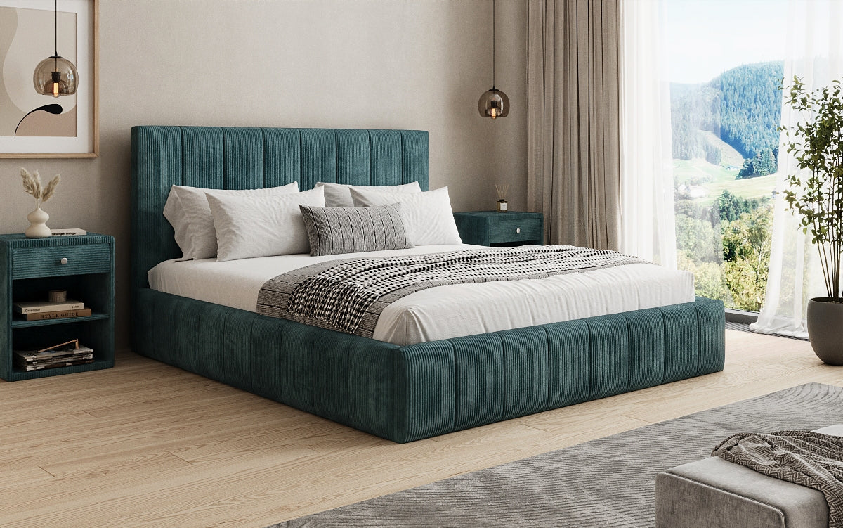 Designer upholstered bed Maja in Corduroy with storage