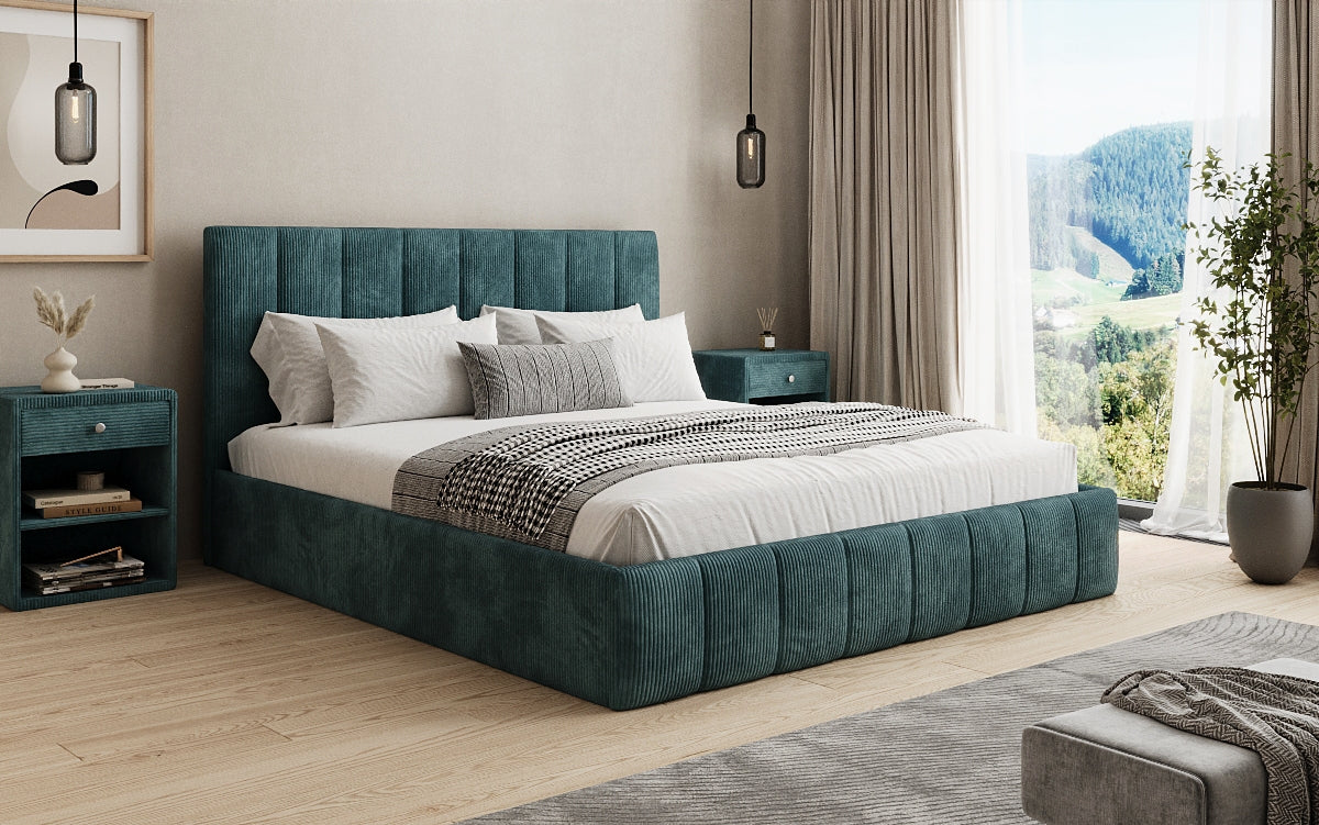 Designer upholstered bed Mila in Corduroy with storage