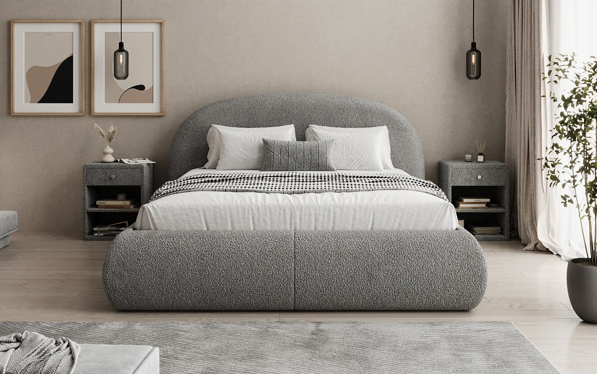 Designer upholstered bed Loop in teddy bouclé with storage space