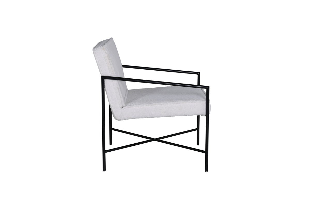 Designer Armchair Lundra – Upholstered Chair in Offwhite with Black Metal Frame