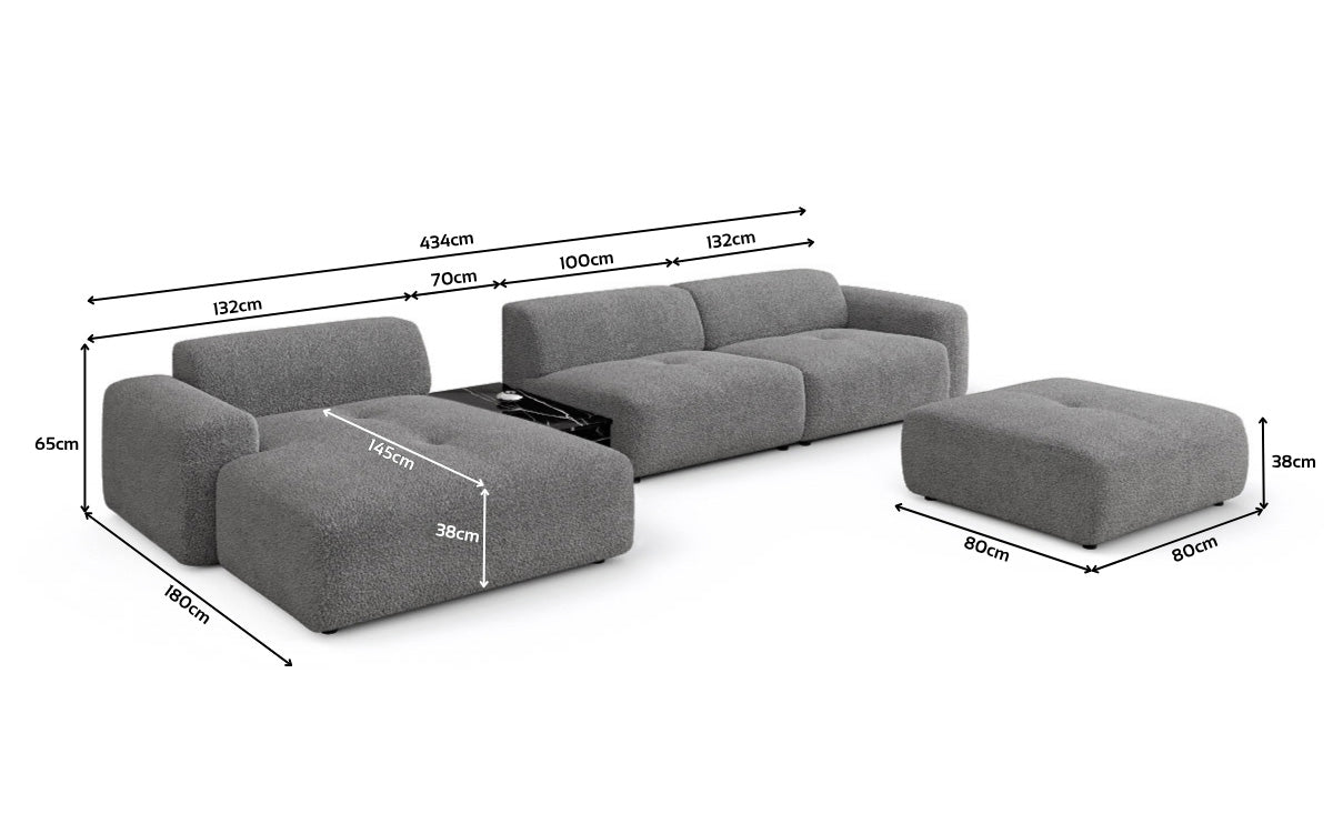 Designer Sofa Calm L with Side Ottoman and Side Table in Bouclé
