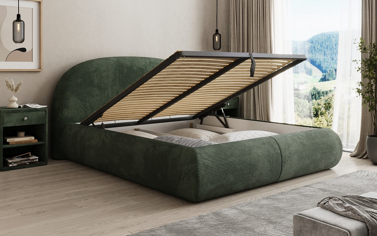 Designer upholstered bed Loop in Corduroy with storage space