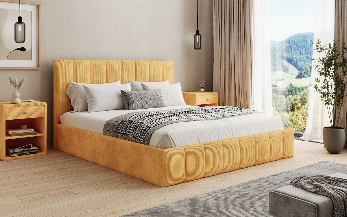 Designer upholstered bed Mila in Corduroy with storage