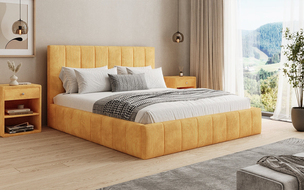 Designer upholstered bed Maja in Corduroy with storage
