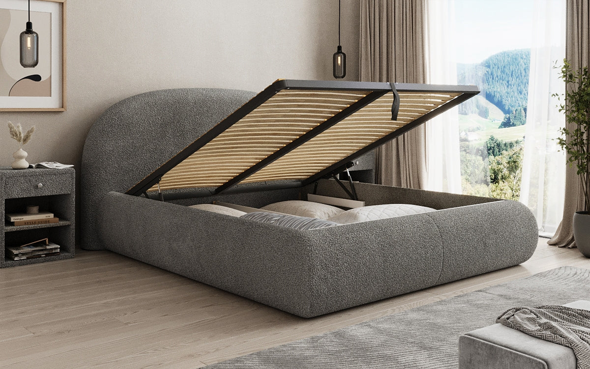 Designer upholstered bed Loop in teddy bouclé with storage space