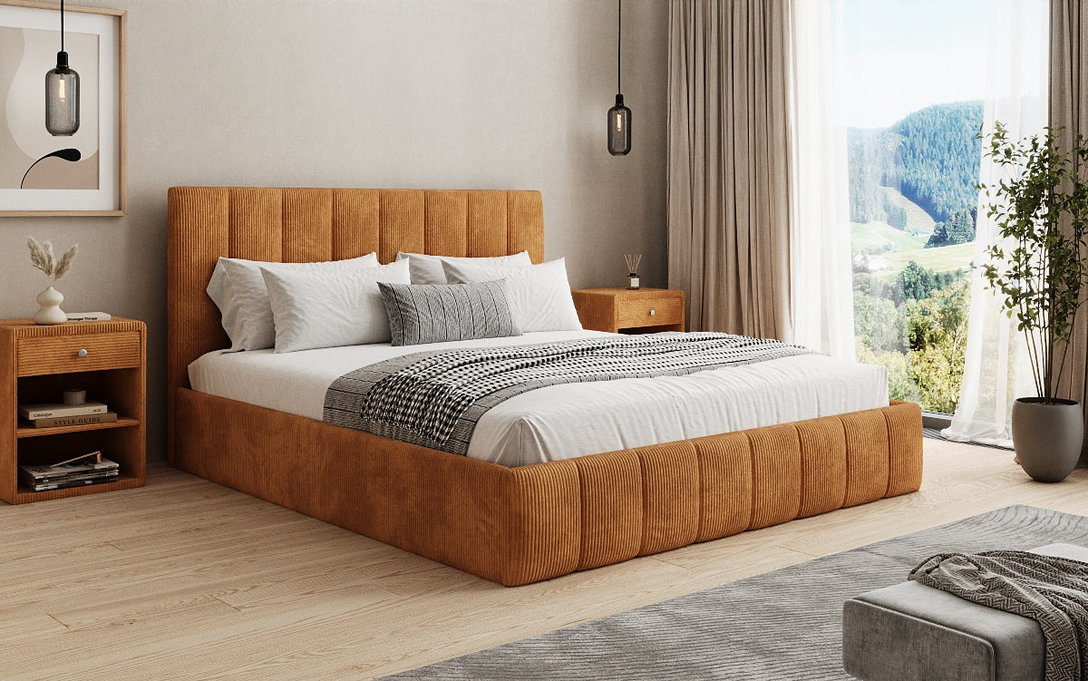 Designer upholstered bed Mila in Corduroy with storage