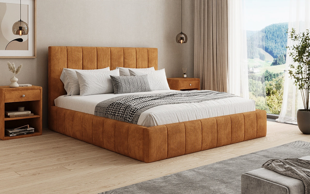 Designer upholstered bed Maja in Corduroy with storage