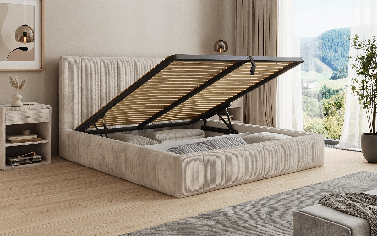 Designer upholstered bed Maja in Corduroy with storage