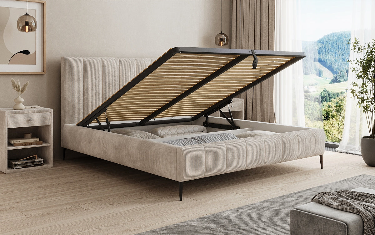 Designer upholstered bed Astrid in Corduroy with storage space