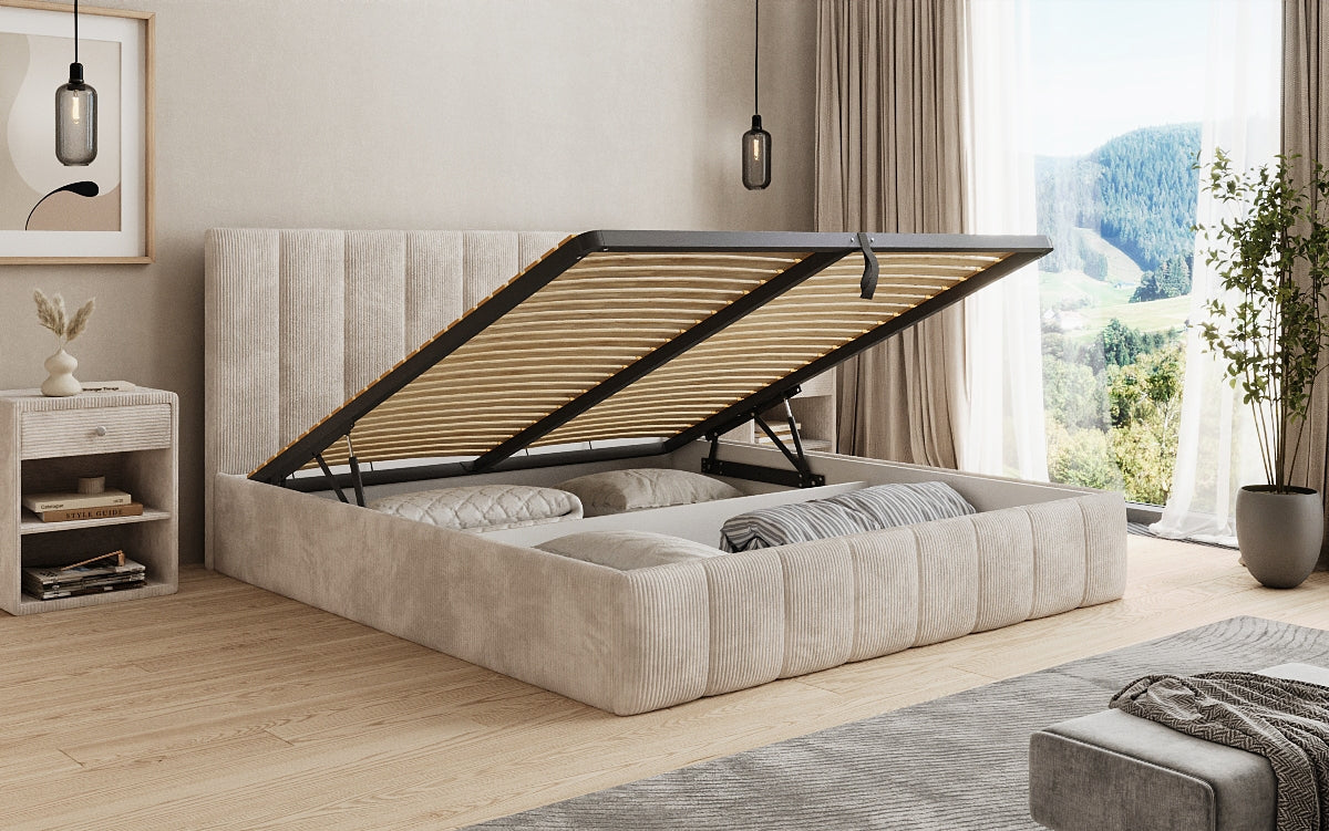 Designer upholstered bed Mila in Corduroy with storage